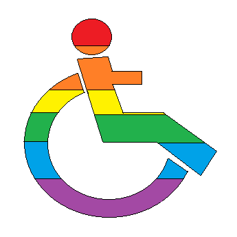 A classic wheelchair/disabled sign, coloured to look like the pride flag.