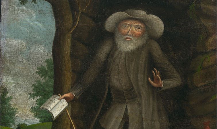 Painting of Benjamin Lay, who had dwarfism, using a cane.