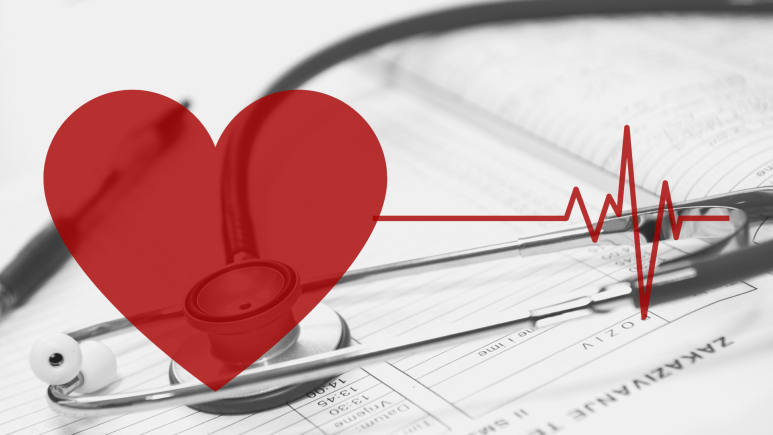 A red heart and ECG heartbeat on a black and white background showing a stethoscope and medical documentation.